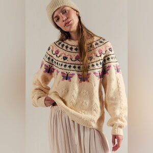 WT Free People Cream Sweater with Pink and Black Pattern